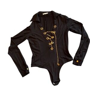 Mifresia Black Long Sleeve Chain Grommet V-Neck Bodysuit Women Size L Sleek Goth